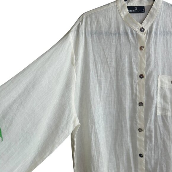 Carole Little Vintage Ivory Cream 100% Linen Band Collar Tunic Shirt MOP - Picture 5 of 11